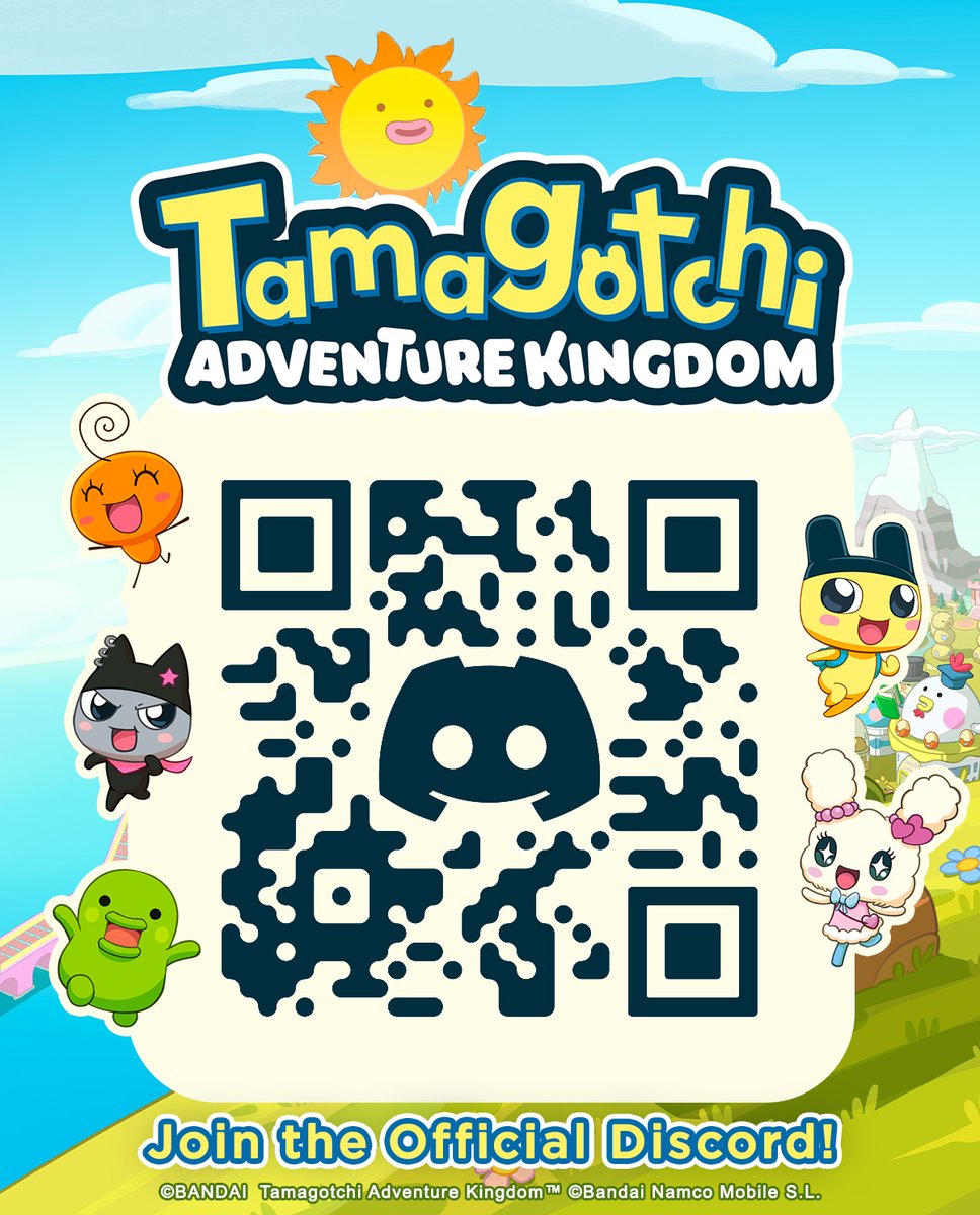 Hi Tama friends! ✨

We've created an Official Tamagotchi Adventure Kingdom Discord server! 🥚🏰💬
Chat with other fans, report bugs, or share your favourite screenshots, all in one handy-dandy place!

Join now through the QR code or go to discord.gg/tak-official

#TAK