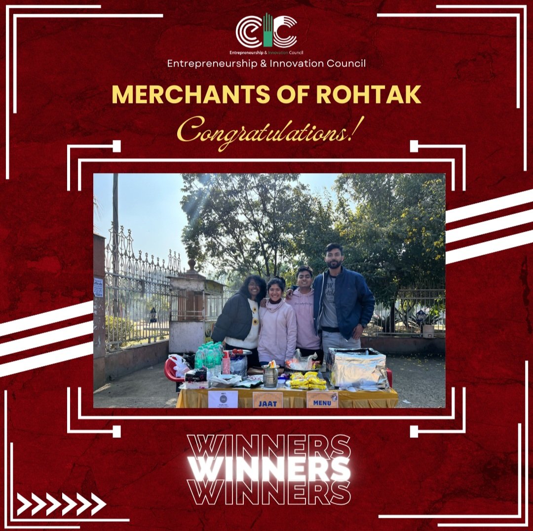 "Congratulations to the triumphant entrepreneurs of Mechants of Rohtak! 🏆🚀 Elevating from classroom dreams to business glory, these winners have turned their passion into profit. 🌟🛍"  #Business #Champions #Entrepreneurs #MechantsOfRohtak