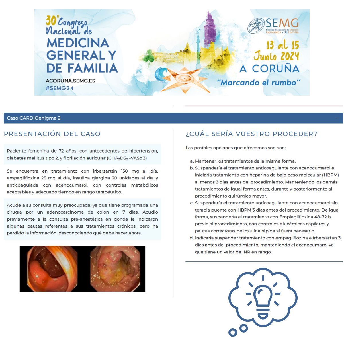 SEMG_ES's tweet photo. Tenemos nuevo #CARDIOenigma

¿Quieres conseguir una beca para nuestro congreso #SEMG24, que celebraremos del 13 al 15 junio en Coruña?

Pues lee el caso completo y participa en: https://t.co/ErP2TxHCfe 

El concurso está destinado tanto a MIR como a facultativos de #MFyC https://t.co/z1iepCJRgA