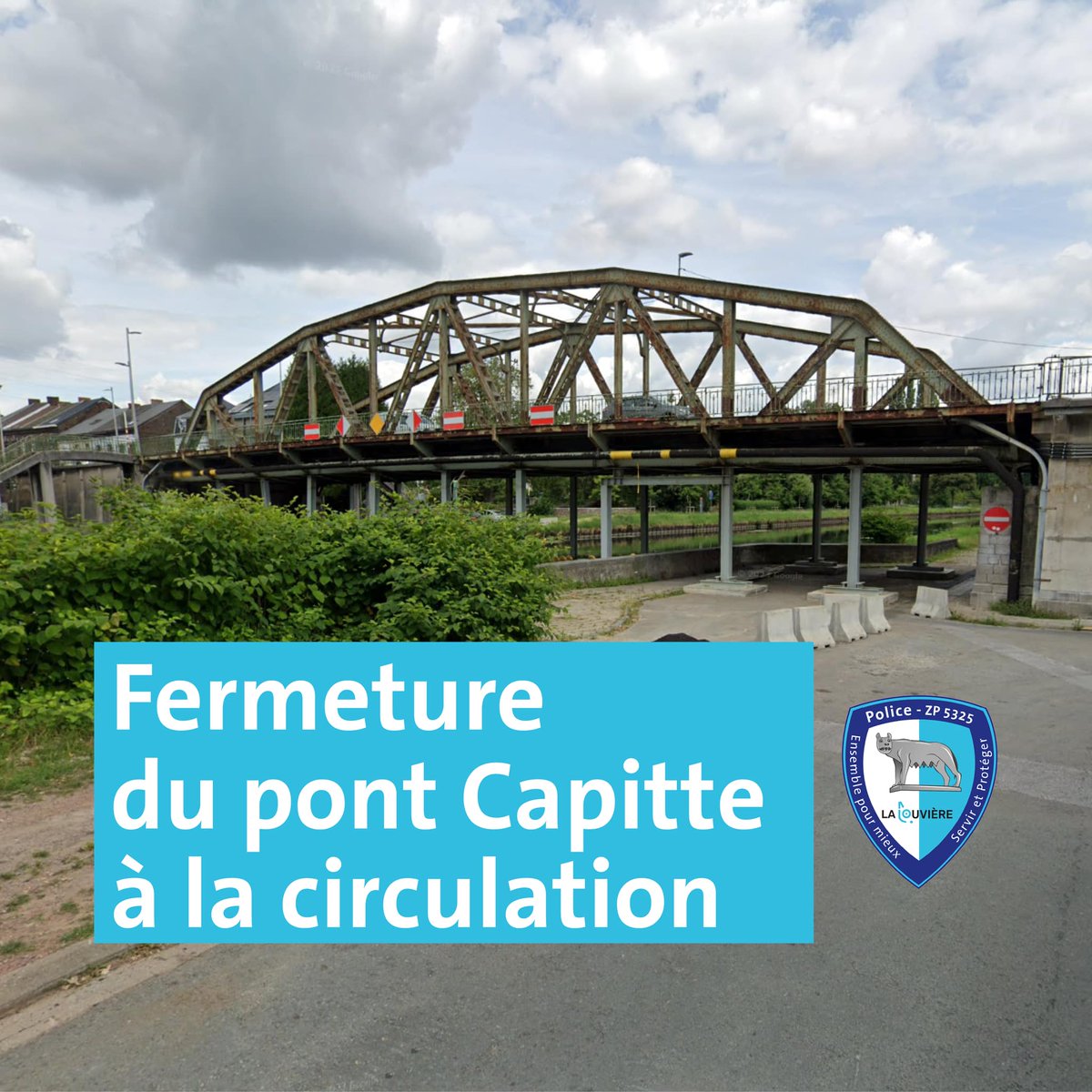 ZP5325's tweet photo. Suite aux conditions climatiques, décision a été prise de fermer le pont Capitte à la circulation (chaussée verglacée et glissante). La circulation est donc déviée par les rues de la Grande Louvière, des Rivaux et Tout-y-Faut.
Soyez prudents… https://t.co/mGmUXfKHAr