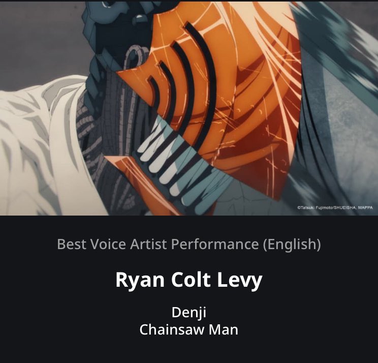 WHAT?! Absolutely wild to be nominated for Best Voice Artist Performance (English) in this years @TheAnimeAwards!!! Super honored to be considered next to so many superb actors!! It means the world being a part of Denji’s story & I’m so grateful people are connecting with it ✌🏽