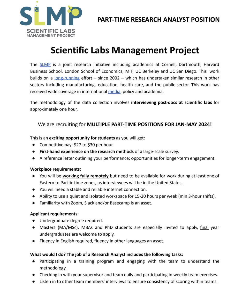 🚨Come work with us!! 🚨 We are hiring *part time RAs* (15-20hrs/wk) to interview research labs and learn about their management practices. Fully remote from anywhere in the US or Canada. APPLY HERE: labsmanagement.org/apply Please RT and send to your best grad students!