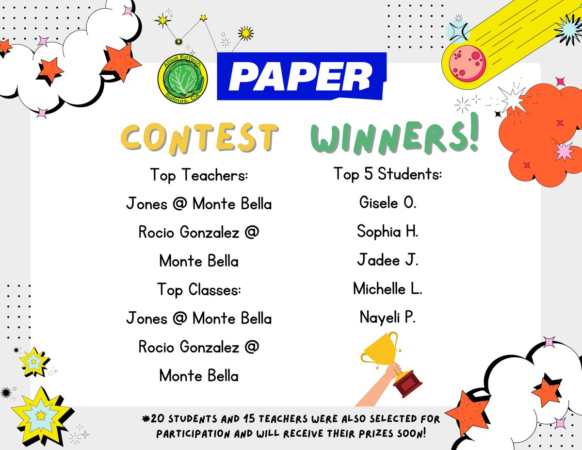 Shout out to our @paperlearning contest winners! Top prizes go to @TeachJones and Rocio Gonzalez at Monte Bella Elementary @3Rscholars! Congratulations to the top 5 student users as well! Stay tuned for more PAPER initiatives and opportunities to win! #alisalstrong #alisalfuerte