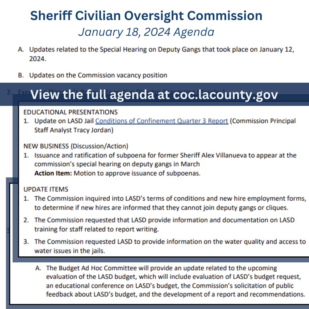 See you tomorrow for the @LACountyCOC meeting. We'll discuss: - Tactical plan of goals & priorities bit.ly/48Awfgt - LASD Jail Conditions bit.ly/3U5mMt8 - & more Attend: 1. In person at St. Anne's 2. Online: bit.ly/3TvLMt7