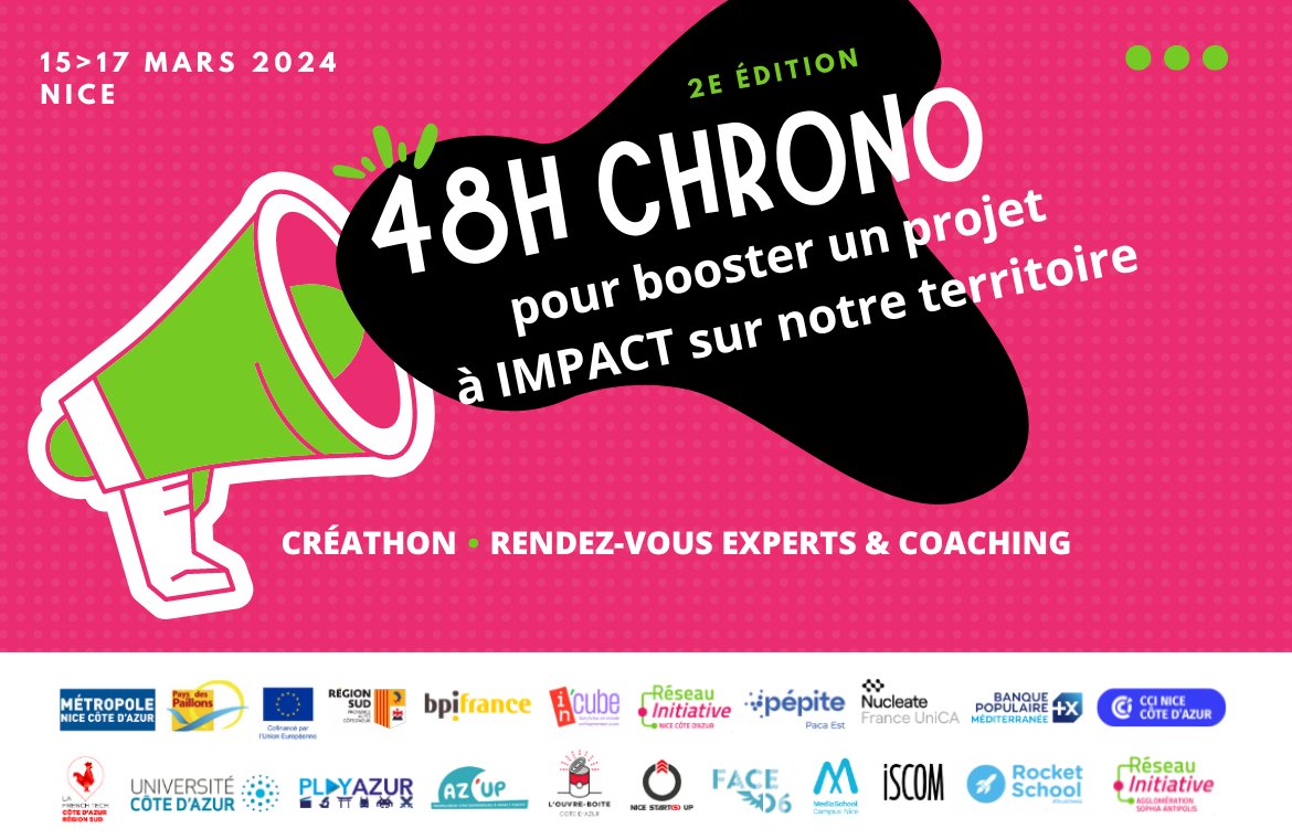 [#Créathon2024] Le Créathon '48h Chrono pour booster un projet à impact sur notre territoire' fait son grand retour 💥 ! 📅 Rendez-vous du 15 au 17 mars à Nice ! ➡️ice.univ-cotedazur.fr/creathon-2024-…