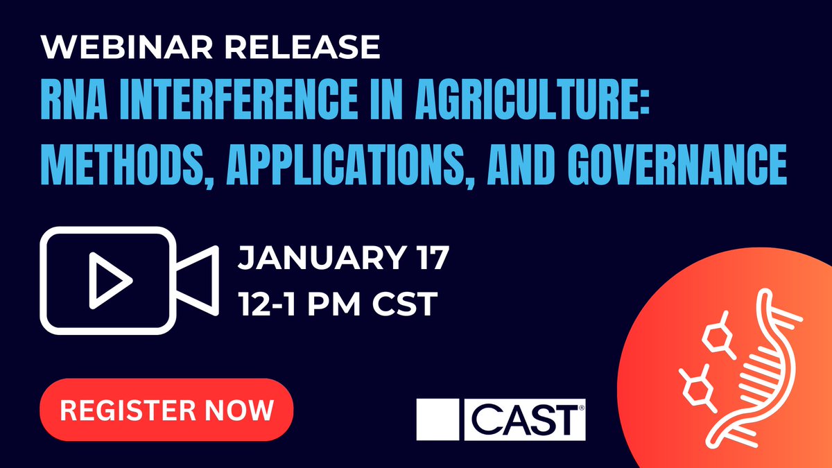 nplace01's tweet image. Join @CASTAgScience for the webinar release of "RNA Interference in Agriculture" TODAY at 12 pm CST. Learn about the transformative potential of RNAi in agriculture.

Register now: tinyurl.com/RNAi-webinar
#CASTPaper #CASTWebinar #Agriculture #RNAi #Webinar