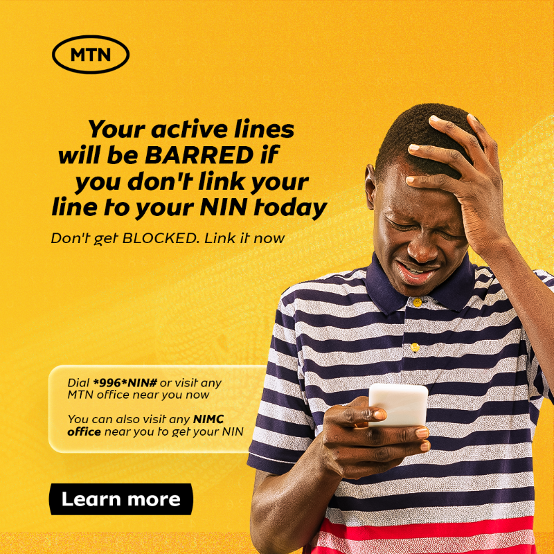 MTNNG's tweet photo. Link your NIN with your MTN line today!

Avoid being barred and remain connected with your loved ones and associates.

Dial*996*NIN# or visit the link or any MTN store near you.

#LinkYourNINWithMTN
#StayConnected