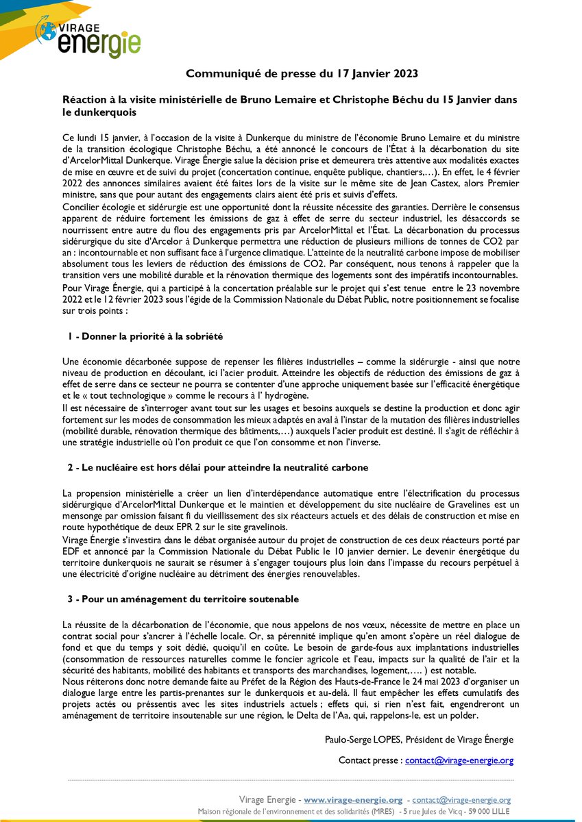 La venue d'une délégation ministérielle ce lundi sur le dunkerquois sur le projet de décarbonation du site sidérurgique d'ArcelorMittal et la velléité d'implantation de réacteurs à la centrale de Gravelines ne pouvaient manquer de nous faire réagir -> virage-energie.org/reaction-a-la-…