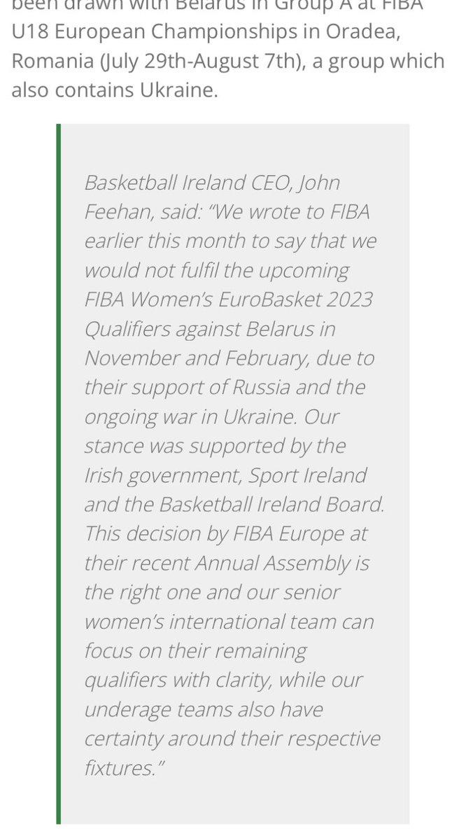 It seems @BballIrl preemptively told @FIBA they would not compete v Belarus before agreeing with the ultimate removal of Russia from intl competition. Why no consistency with Israel? I now call on @sportireland @cathmartingreen @ThomasByrneTD @merrionstreet. Do the right thing.