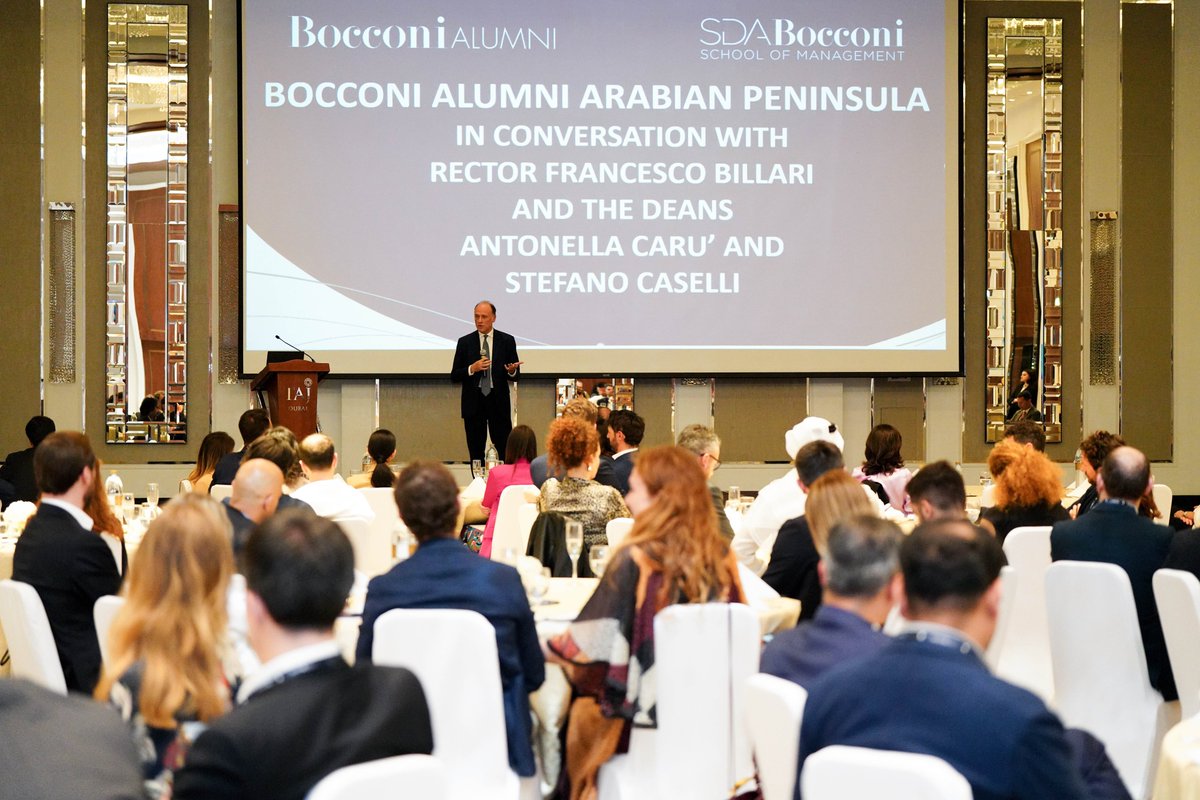 sdabocconi's tweet photo. Last night Bocconi Alumni’s Arabian Peninsula Chapter was honored to host Rector Francesco Billari, Dean Stefano Caselli, Dean Antonella Carù, Alumni&amp;Fundrasing and SDA Bocconi’s teams in Dubai for an evening of thought-provoking discussion on the impact of continuous learning. https://t.co/HjHVyKFbGh
