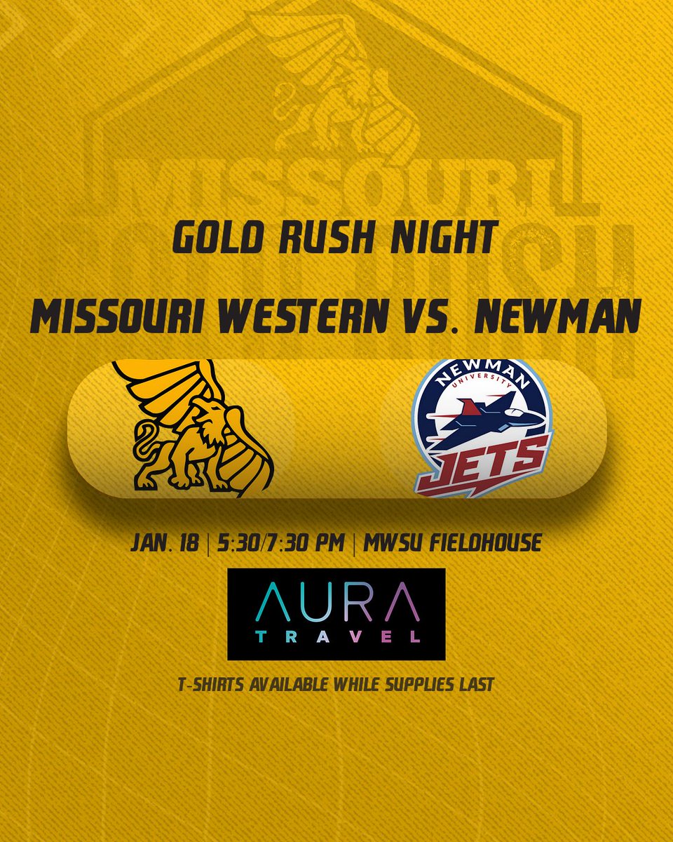 𝐆𝐎𝐋𝐃 𝐑𝐔𝐒𝐇 𝐍𝐈𝐆𝐇𝐓!

Paint the MWSU Fieldhouse gold on Jan. 18 when <a href="/GriffonWBB/">Griffon WBB 🏀</a> &amp; <a href="/MWSUMBB/">Griffon Hoops</a> host Newman! Griffon students with MWSU IDs will receive FREE 𝐆𝐨𝐥𝐝 𝐑𝐮𝐬𝐡 T-shirts on the east side of the arena.

#StayGold🔔 | #GoGriffs🦅🦁