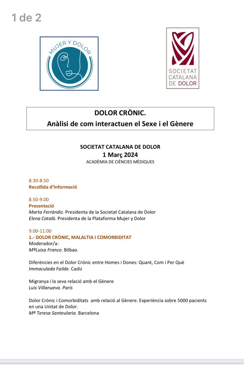 SocCatDolor's tweet photo. Jornada: #dolorcrònic. Anàlisi de com interactuen el Sexe i el Gènere 

🗓️El proper divendres 1 de Març 

🕗 de 8:3a a 14:30 🕒

En l’Academia de les Ciències Mèdiques. 

Inscripcions: https://t.co/sHb2qgI3zQ

Programa 👇🏼 https://t.co/2s1fV8HUOR