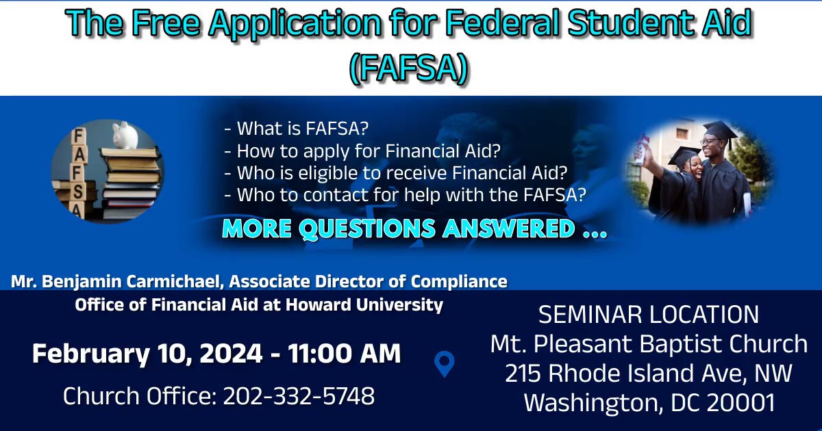 What is FASFA? Seminar here at The Mount • Feb. 10th 11am • Contact church office for more info. 202.332.5748 

#studentaid
#FASFA
#seminar
#FederalStudentAid
#FederalStudentLoans