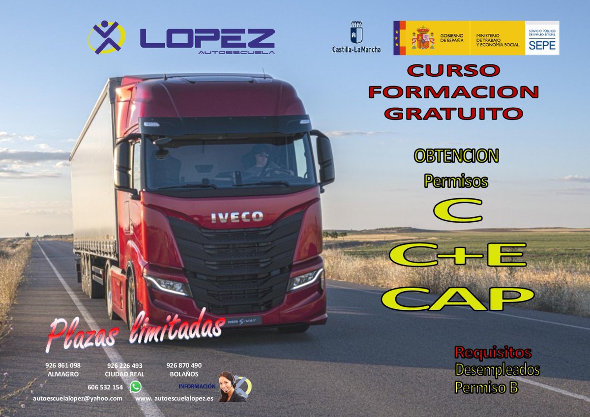 grupLOPEZ's tweet photo. ⚠️ PRÓXIMO CURSO GRATUITO, OBTENCIÓN PERMISO C o C+E 🚛🚚 + CAP⚠️

💥 RESERVA TU PLAZA 💥 https://t.co/DFjeb0D1bN