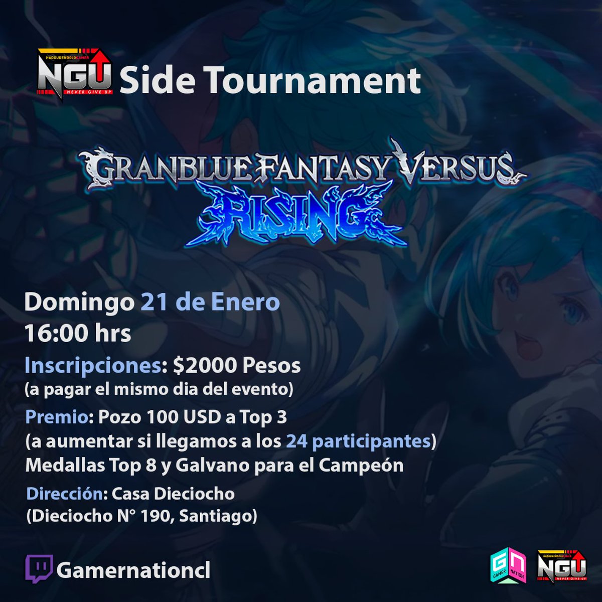 Recuerden que para este domingo 21 de enero estamos organizando el primer presencial en Chile de Granblue Fantasy Versus: Rising; como torneo side del NGU 2024. Solo 2 mil pesos la inscripción! Ya tenemos más de 30 pre-inscritos, no se queden fuera!!! start.gg/tournament/nig…