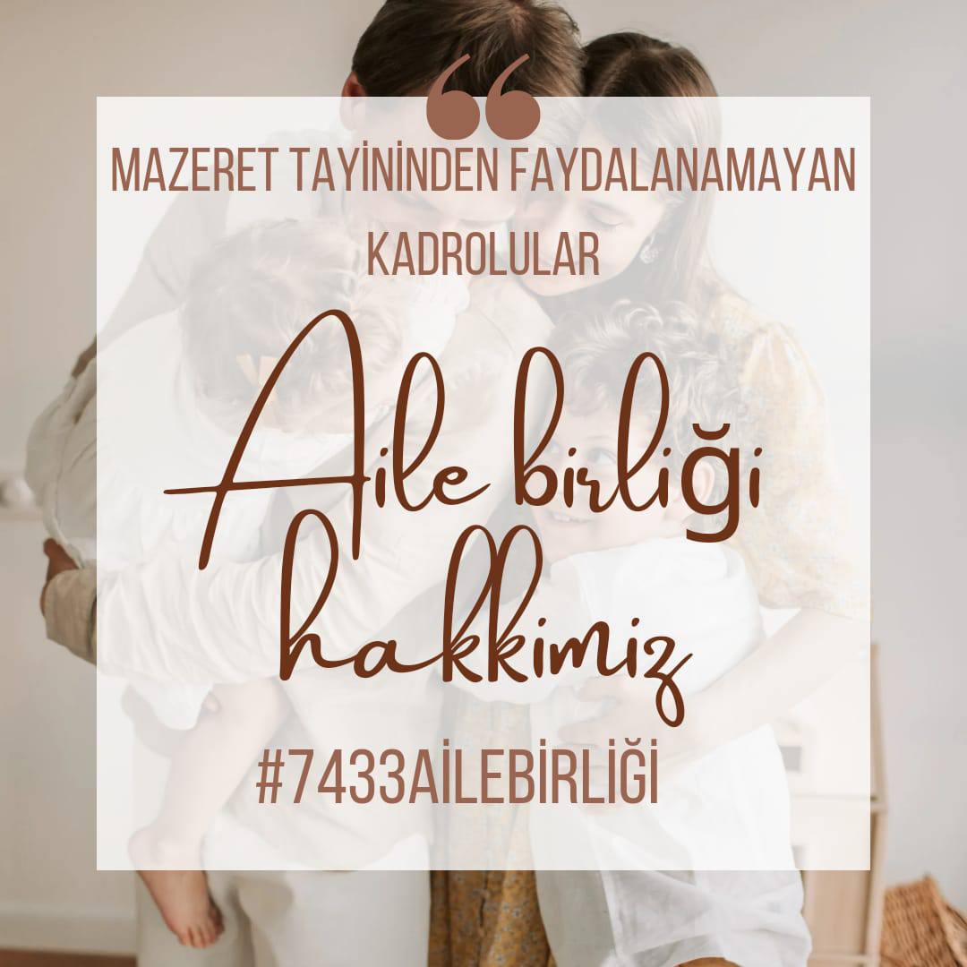 Ailemizi istiyoruz. Anayasal hakkımız olan aile birliği verilsin. Aile yoksa kadronun ne anlamı var.
<a href="/tcmeb/">Millî Eğitim Bakanlığı</a>
<a href="/Yusuf__Tekin/">Yusuf Tekin</a>
<a href="/_aliyalcin_/">Ali YALÇIN</a>
<a href="/TalipGeylan06/">Talip Geylan</a>
#7433AileBirliği