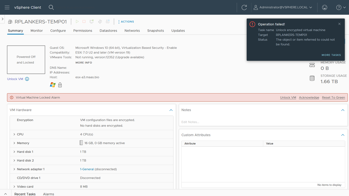 Bob Plankers (@plankers) on Twitter photo In case you were ever wondering about recoverability of encrypted <a href="/VMwarevSphere/">VMware vSphere Foundation</a> VMs if the KMS is missing, well, I just did that to myself. And not intentionally, either. Good old fashioned lack of discipline when it came to default key providers.
I have a few VMs that I care In case you were ever wondering about recoverability of encrypted <a href="/VMwarevSphere/">VMware vSphere Foundation</a> VMs if the KMS is missing, well, I just did that to myself. And not intentionally, either. Good old fashioned lack of discipline when it came to default key providers.
I have a few VMs that I care
