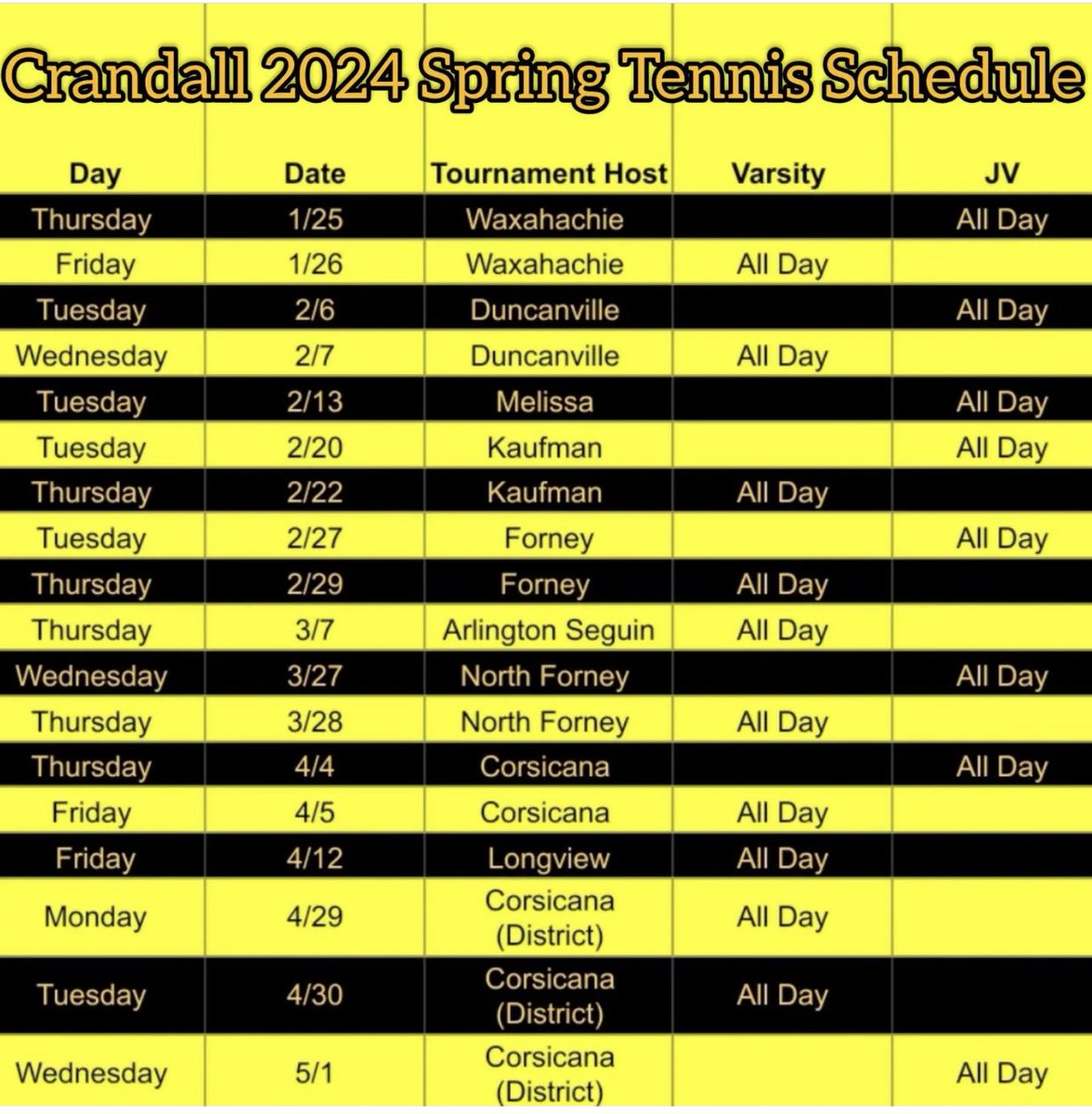 OfficialCISD's tweet image. 🎾 2024 Spring Tennis Schedule 
Get ready for an exciting season of tennis action! 🏆 Here&apos;s the schedule for upcoming Spring Tennis matches. Mark your calendars and join us on the court to support our talented athletes! 🎾💪 #CISDBelieves #CISDGrows