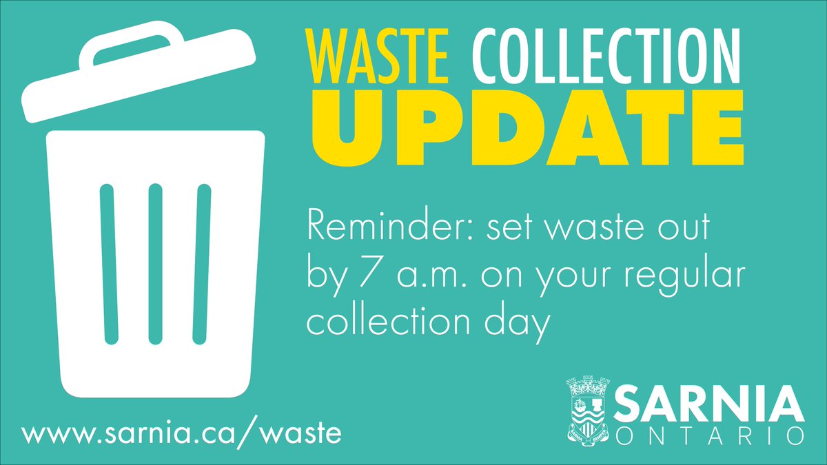 Reminder to all our residents! Make sure waste is set at the curb by 7 a.m. on your collection day.

We’re adjusting some routes with a focus on efficiency, your curbside collection may occur a little earlier, or later, in the day than it has in the past.

sarnia.ca/Waste