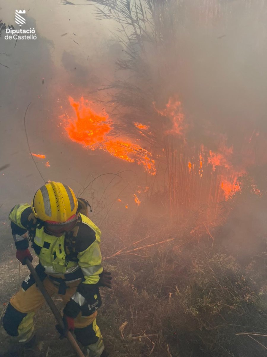 BombersDipcas's tweet photo. Imágenes de efectivos @BombersDipcas y @GVAbforestals trabajando en la extinción del incendio de cañar en #Vilafames. El cañar esta un pequeño barranco situado junto a las instalaciones de una empresa que no ha sufrido ninguna afección. https://t.co/2nlLxVN66j