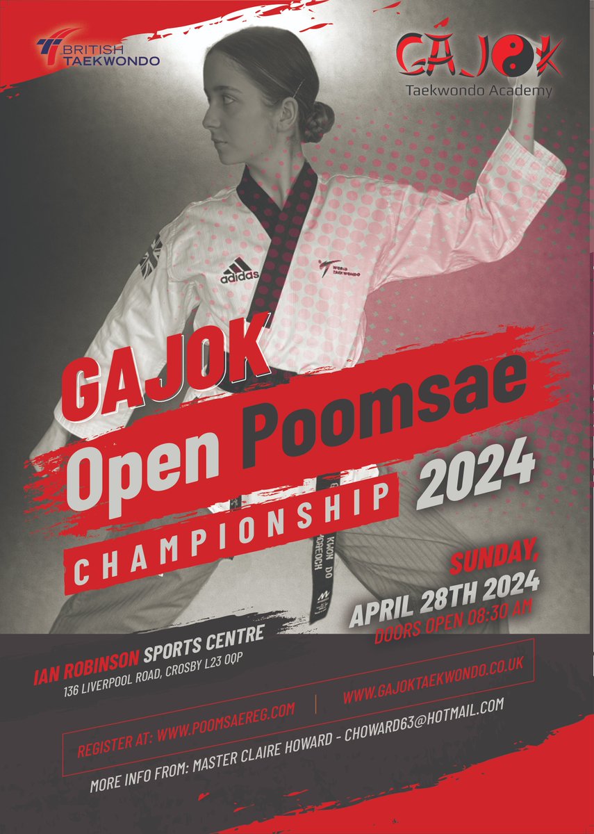 Join us on Sunday 28th April for the Gajok Open Poomsae Championships. Registration is now open at: poomsae-reg.com