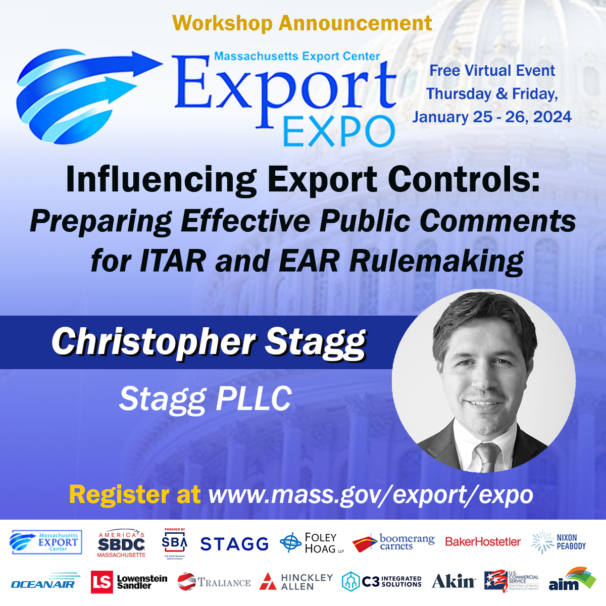 Next Thursday at the #ExportExpo!
Learn how effective public comments can significantly impact #ITAR and #EAR rulemaking.
See the full Export Expo agenda here: mass.gov/export/expo