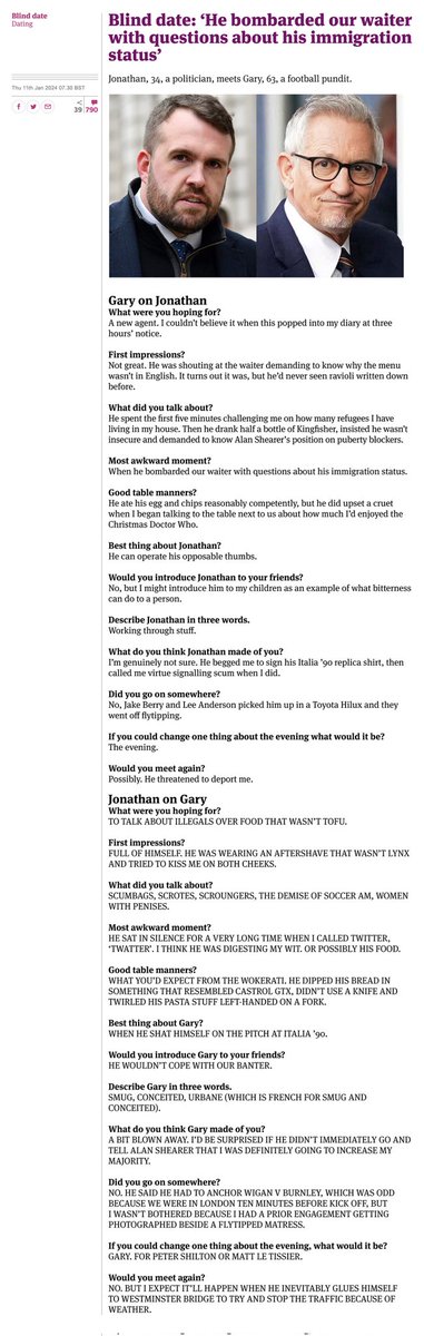 Loved reading about Jonathan and Gary's blind date. 'He bombarded our waiter with questions about his immigration status.'