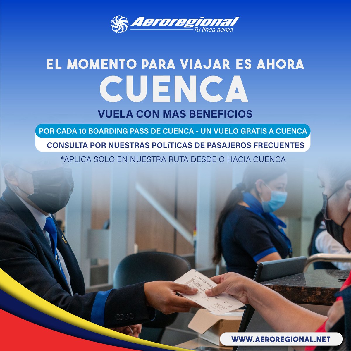 📢 PROMO!!! CUENCA!!! CULTURA Y PASION AL ARTE 🇪🇨✈️
ACUMULA TUS BOARDING PASS A CUENCA, por cada 10 te regalamos un boleto para que regreses a este maravilloso destino, consulta nuestras políticas de pasajero frecuente.
👉 wa.link/l5ps6v