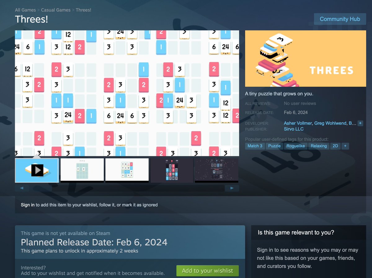 Threes finally has a page on the Steam store. We'll be launching it on PC in honor of it's 10th birthday 🥂