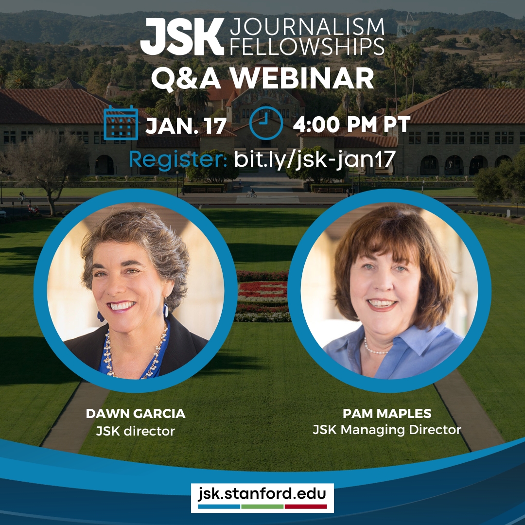 📍 TODAY at 4pm PT is our final Q&A session before the JSK Fellowships application deadline. Bring your questions and our directors Dawn Garcia and Pam Maples will have answers. Register: bit.ly/jsk-jan17. #journalism