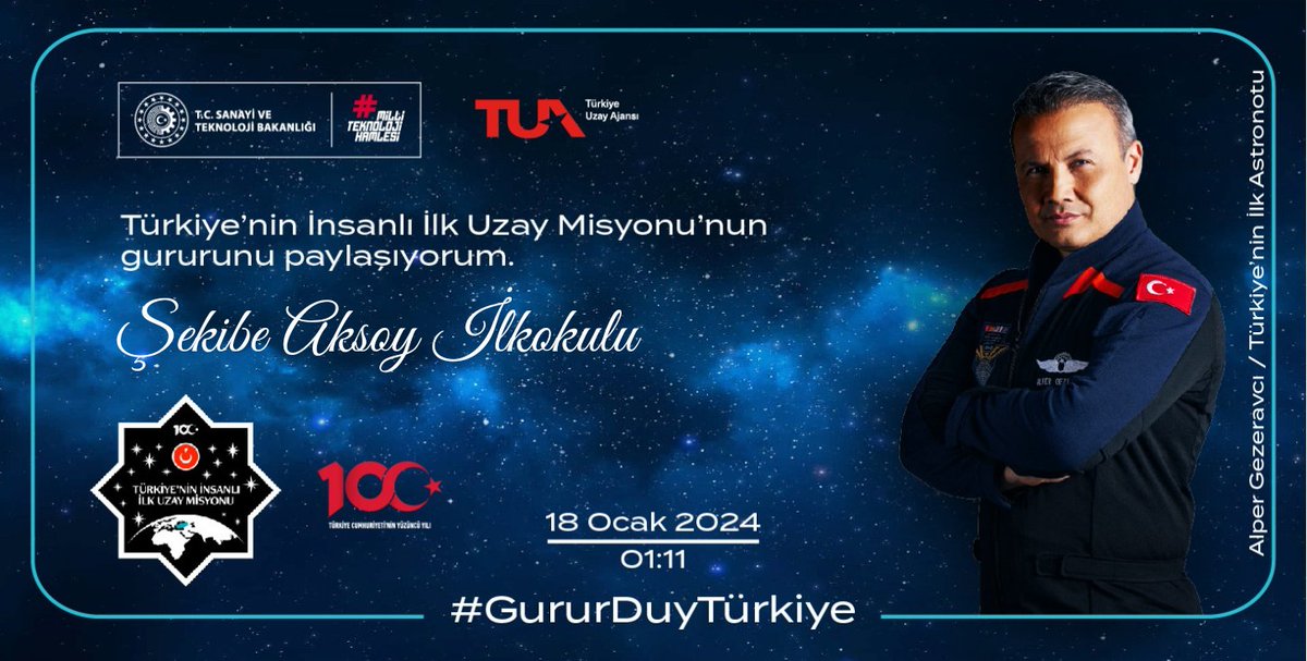 🇹🇷 UZAY YOLCULUĞU HATIRASI🇹🇷 Uzaya gidecek ilk Türk Astronotu Alper GEZERAVCI'ya hayırlı yolculuklar dileriz. <a href="/KaratayBelediye/">Karatay Belediyesi</a> <a href="/karatayilcemem/">Karatay İlçe Milli Eğitim Müdürlüğü</a> <a href="/hkilca/">Hasan KILCA</a> <a href="/samisagdic/">Sami SAĞDIÇ</a> <a href="/konyamem/">Konya İl MEM</a> <a href="/YasarAkar64/">Yaşar Akar İlkokulu/Uşak</a> <a href="/IlkokuluBasaran/">Başaran İlkokulu</a> <a href="/zafer_ntas/">Zafer İlkokulu Altıntaş Kütahya</a> <a href="/h_kutuphane/">Hınıs İlçe Halk Kütüphanesi</a> <a href="/ilkokulkocatepe/">Keçiören Kocatepe İlkokul Müdürlüğü</a> <a href="/Kbfetihkent_ao/">Konya Karatay Belediyesi Fetihkent Anaokulu</a> <a href="/Karataymemisgb/">Karatay İlçe MEM / İSGB</a>