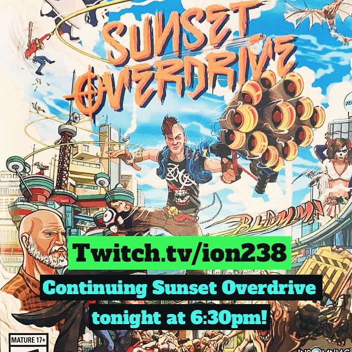 #sunsetoverdrive continues tonight at 6:30pm! Come hang out on twitch.tv/ion238 as we fight more OD to #escapethecity 🤪🤪

#sunsetoverdrivegame #gaming #adventure #insomniacgames #streaming #twitch #twitchstreamer #twitchaffiliate