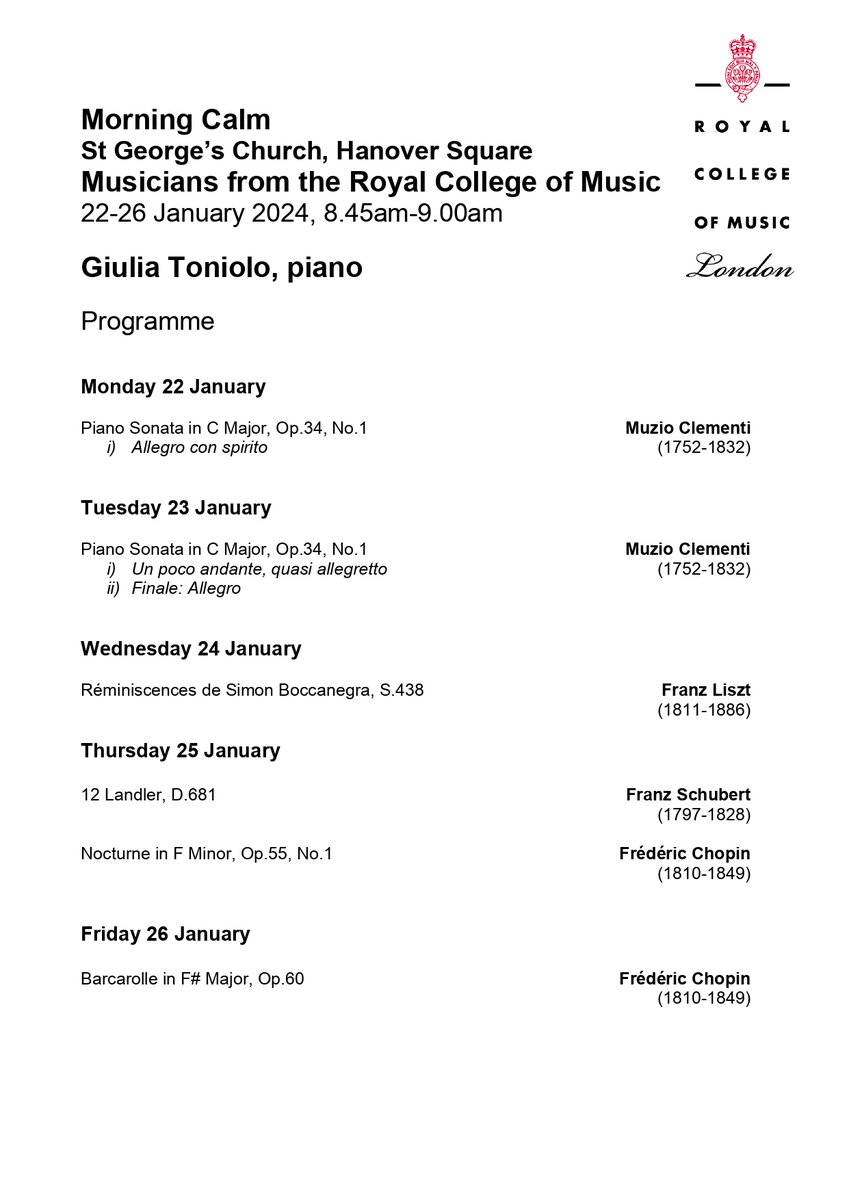 Morning Calm returns to St George's this coming Monday 22nd January for an eight week season. We begin with a series of recitals at 8.45am Monday-Friday  given by Giulia Tonioli, pianist from the Royal College of Music.