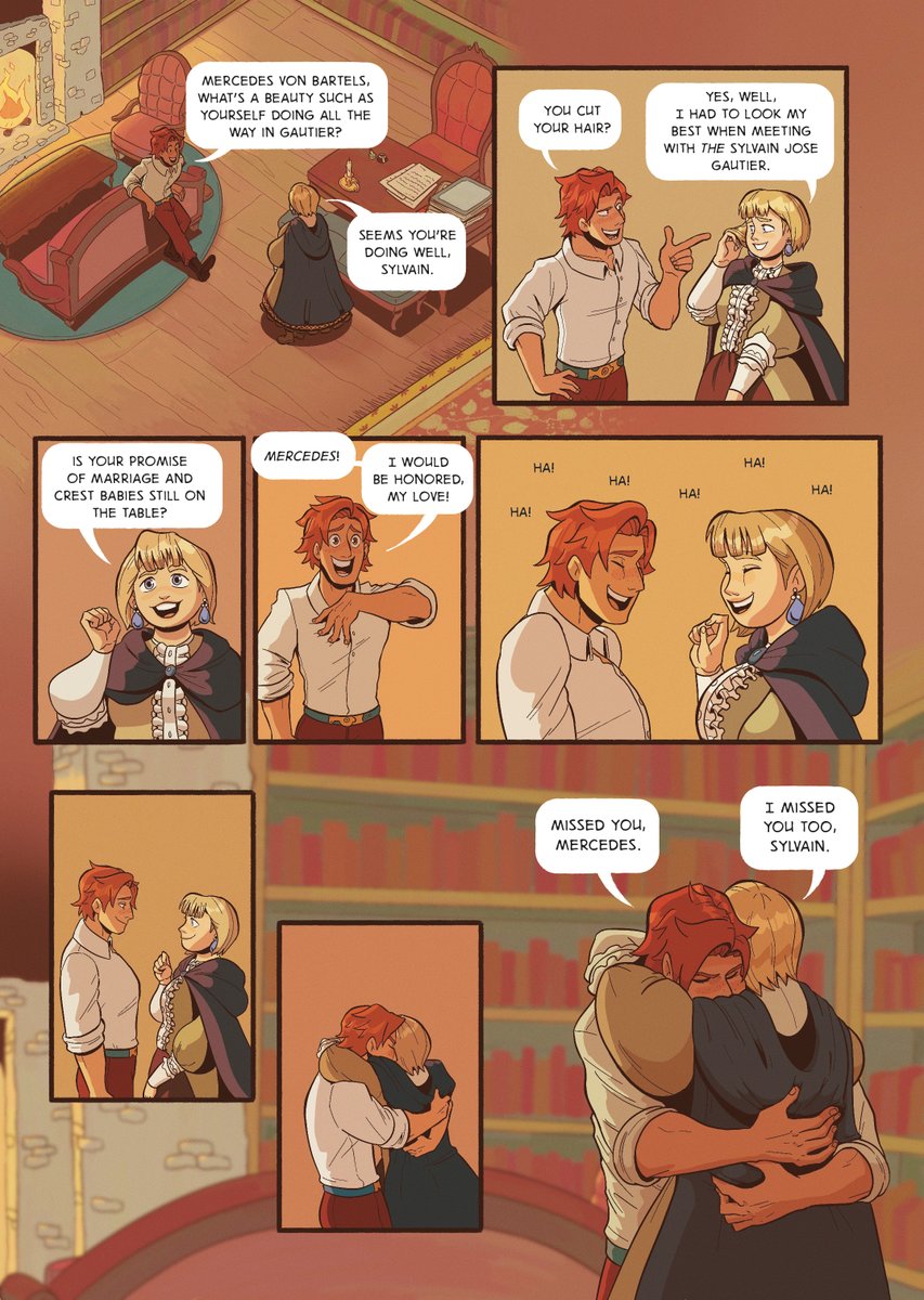 here's my full piece for @sylvainfanbook! sylvain and mercedes's supports are some of my faves so i had a lot of fun making a comic referencing their b-support :>

leftover sales are open now so don't miss you chance to own this incredible sylvain collection! link below 🧡 