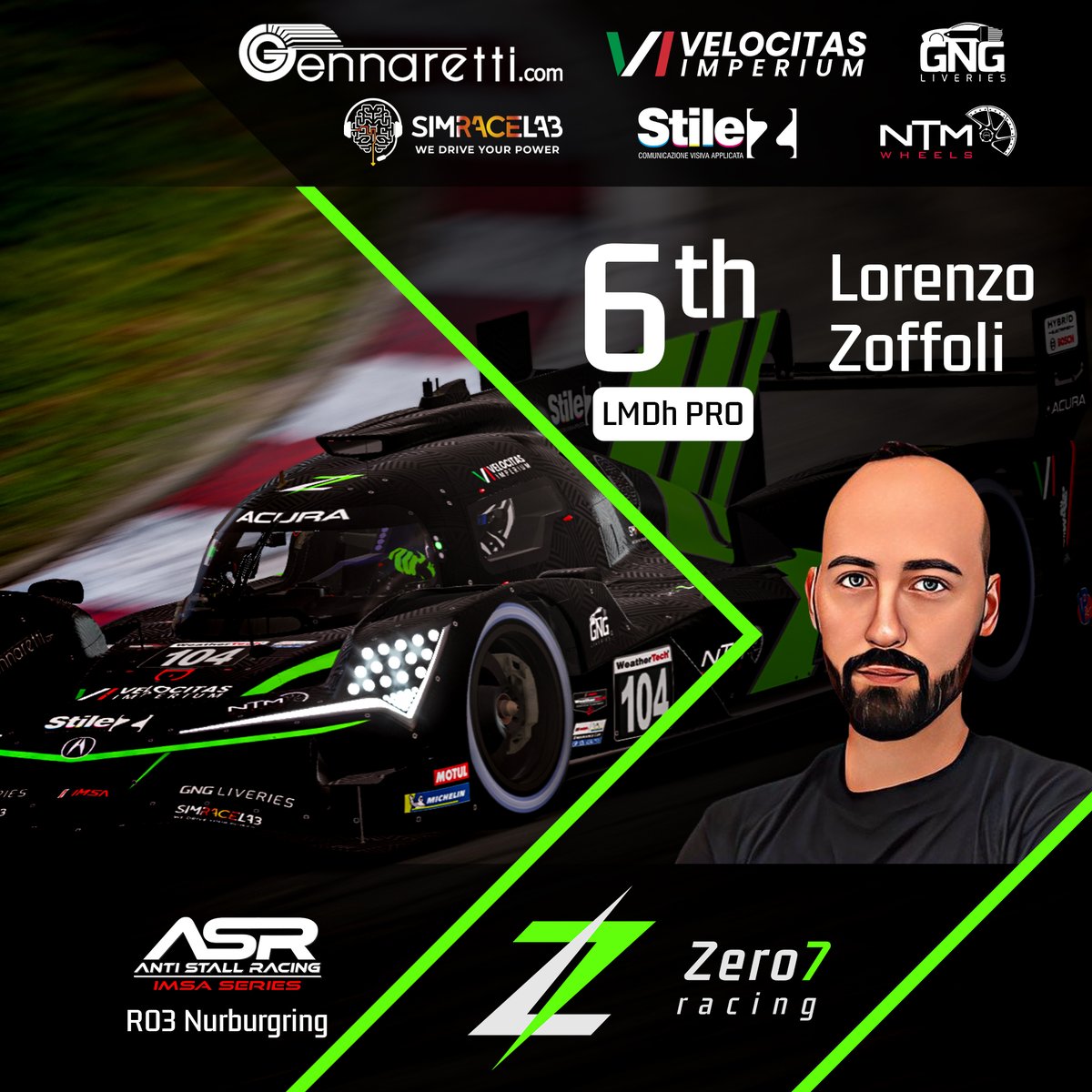 A challenging race for Lorenzo Zoffoli at the Nurburgring with his Acura in the Anti Stall Racing. He finishes in sixth place, but manages to maintain the 2nd position in the overall standings. Next race on January 25th at Road Atlanta. #Zero7Racing #antistallracing #iRacing