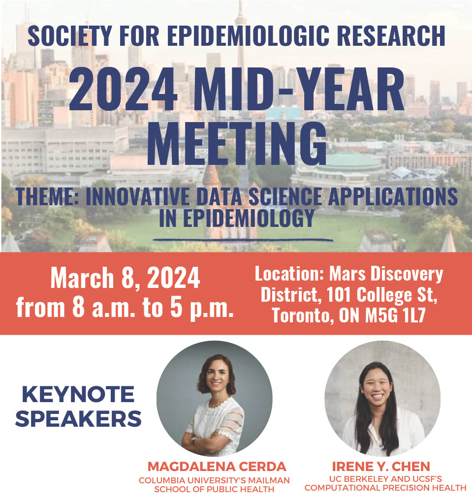 📢 The 2024 @societyforepi SER mid-year meeting will be held in Toronto 🇨🇦 @UofT_dlsph This is a great opportunity to #network and share the latest with #datascience & #epidemiology Spots are limited - register soon: epiresearch.org/mid-year-meeti… @haileybanack @edwardsjk
