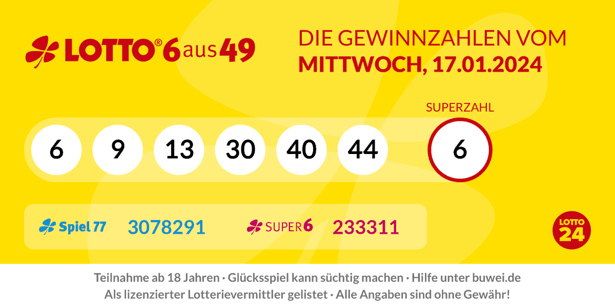 Die #Gewinnzahlen bei #Lotto6aus49, vom 17.01.2024 lauten: 6, 9, 13, 30, 40, 44 Superzahl: 6 #Spiel77: 3078291 #Super6: 233311 Alle Gewinnzahlen unter: bit.ly/lotto6aus49_er…