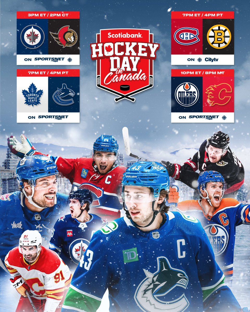 O Canada! 🍁🏒 @Scotiabank Hockey Day in Canada features all seven Canadian @NHL teams in action as we celebrate live from Victoria, BC! Tune into #HockeyDay this Saturday, January 20th starting at 1pm ET / 10am PT on Sportsnet or stream on Sportsnet+.