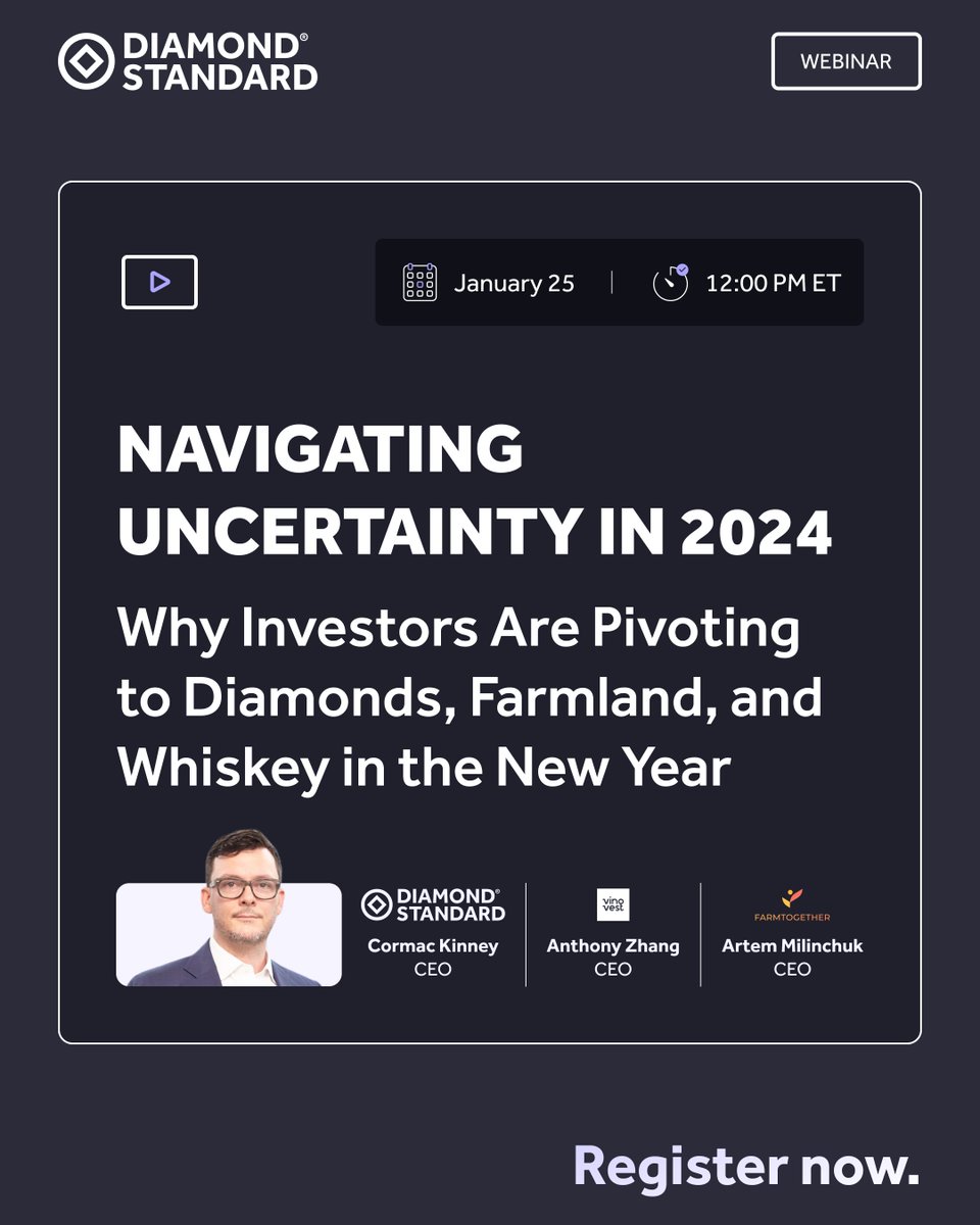 📅 Join industry leaders as they discuss strategic pivots in alternative investments amidst 2024's uncertainty. Learn why savvy investors are turning to diamonds, farmland, and whiskey from Diamond Standard's @CormacKinney, Anthony Zhang of @Vinovest1, and Artem Milinchuk of