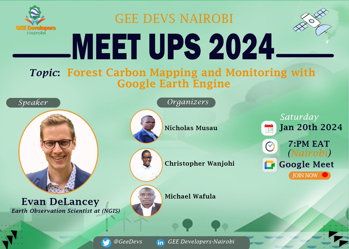 Here at <a href="/GeeDevs/">Google Earth Engine Nairobi.</a> we kick-off our 2024 with an exciting #carbon monitoring session from Evan. Please join to learn with us <a href="/googleearth/">Google Earth</a> <a href="/NASAEarth/">NASA Earth</a> <a href="/ngis_australia/">NGIS</a> <a href="/GDG_Nairobi/">GDG Nairobi #DevFestNairobi2025</a> .  
Saturday, Jan  20th · 7PM EAT
Call link: meet.google.com/dut-oryt-zkp