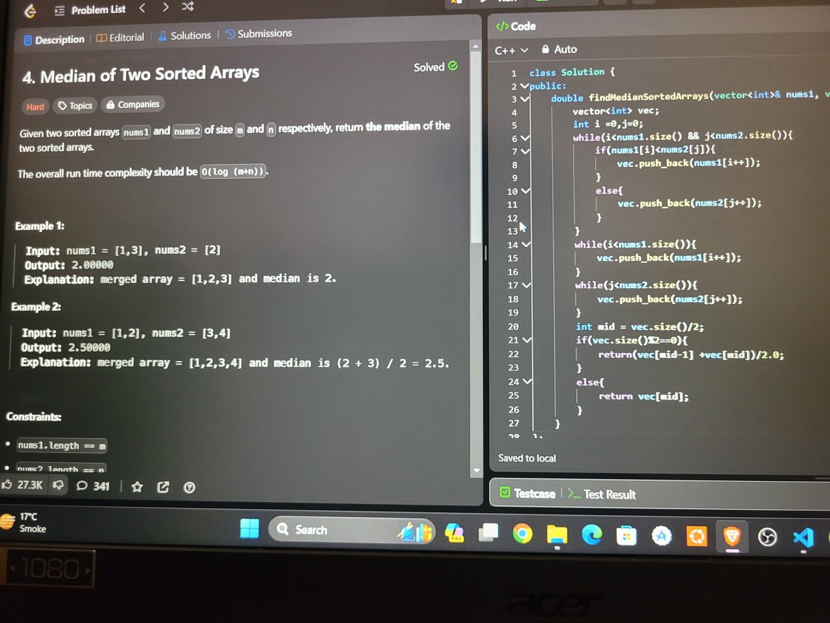 🚀 Day 13/100: Conquered finding the median of two sorted arrays, optimizing gas station distances, and tackling the kth element in 2 sorted arrays.and also did daily leetcode 🧠and now my laptop window crashed damn 😢😢😢  💻 #100DaysOfCode #AlgorithmMastery #LeetCodeChallenge