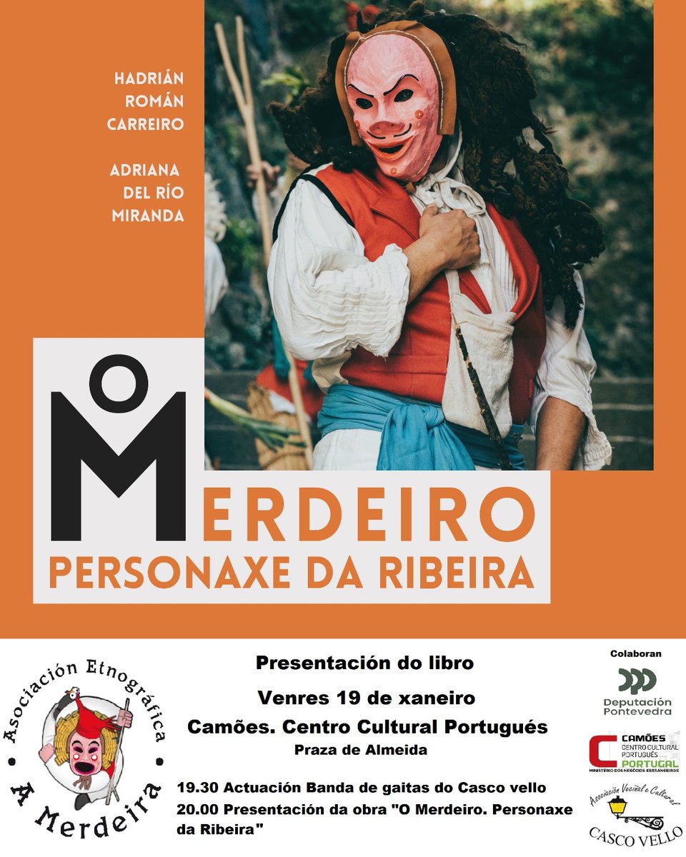 Este venres día 19 de xaneiro presentaremos o noso libro "O Merdeiro. Personaxe da Ribeira". Contaremos coa actuación da Banda de Gaitas da <a href="/CascoVelloVigo/">AVC Casco Vello Vigo</a>. Realizarase na instalacións do Camões - Centro Cultural Português en #Vigo situado na Praza de Almeida. Non faltedes.
