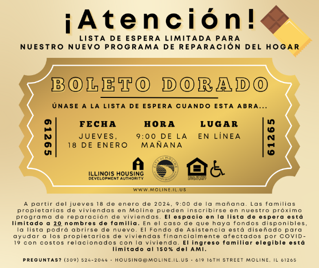 Moline is seeking applicants for its Homeowner Assistance Fund Home Repair Program.
The program provides housing repair funding to homeowners facing pandemic-related challenges and housing insecurity and are eligible based on household income. Details:

tinyurl.com/MolHAFHR
