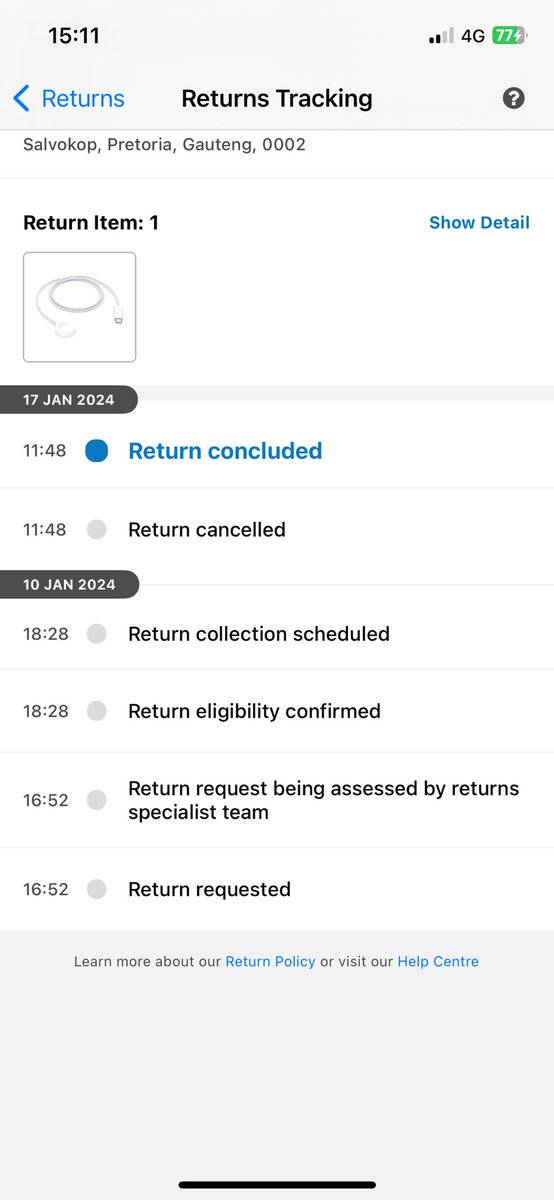 UncleEvolution's tweet photo. @TAKEALOT I logged a return due the the wrong item being delivered, 4 days later the package has not been picked up and yet on the app it says the return has been concluded https://t.co/80wNlgg5Kr