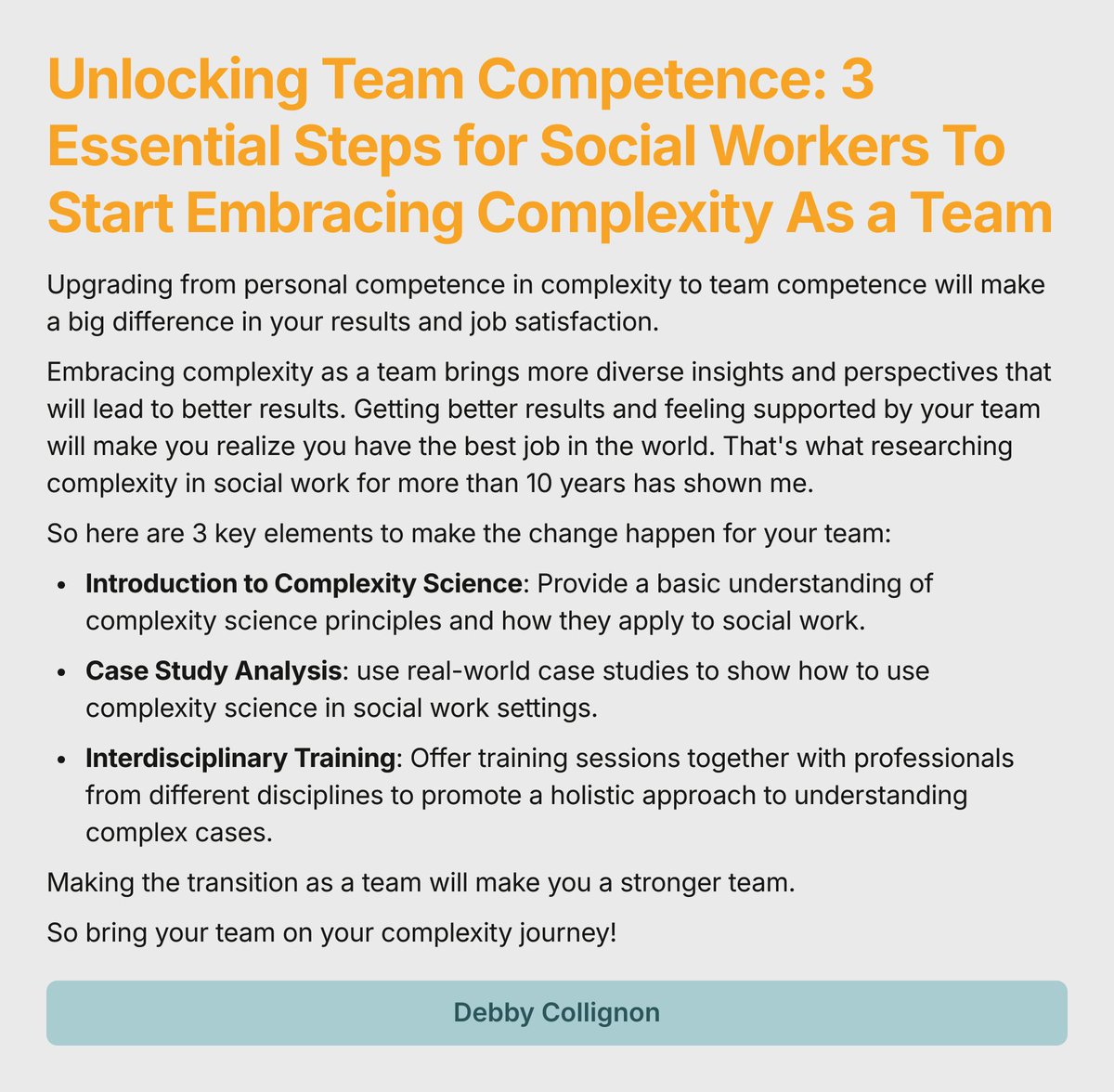 Unlocking Team Competence: 3 Essential Steps for Social Workers To Start Embracing Complexity As a Team
#SocialWork #SocialWorkSuccess #TeamCompetence #EmbraceComplexity #JobSatisfaction #Teamwork #SocialWorkJourney #ComplexityScience #ProfessionalDevelopment #CaseStudyAnalysis