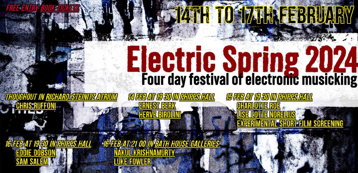 Electric Spring festival takes place in Huddersfield next month.

Four days of electronic music with experimental short films, creative coding symposium and artists Nakul Krishnamurthy &amp; Luke Fowler and Ain Bailey. Huddersfield University, 14–17 Feb, free: electricspring.co.uk
