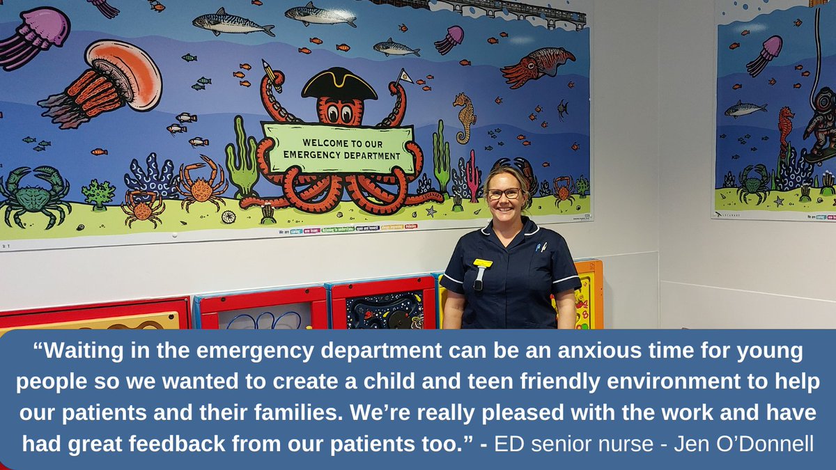 Have you seen the artwork in our children’s waiting room at RBH? It’s been given a makeover by local artist, <a href="/LucanArt/">Miroslav Lucan</a> and includes Bournemouth pier, Dorset’s famous beach huts, and a jamboree of under sea creatures, as well as a skateboarding deep sea diver! Thanks Mirek! 🎨🪸🐠