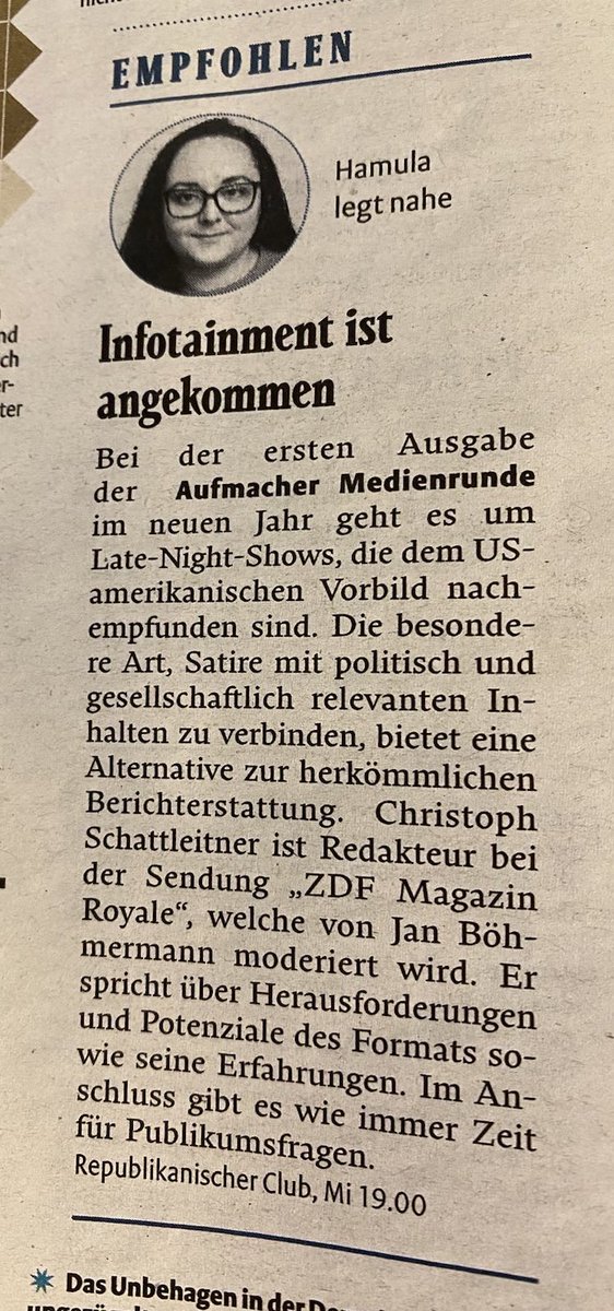 Aufmacher - die Medienrunde (@1amedienrunde) on Twitter photo Wir legen nahe: kommt heut Abend vorbei! <a href="/Schattleitner/">Christoph Schattleitner</a> wird uns hinter die Kulissen von <a href="/zdfmagazin/">ZDF Magazin Royale</a> blicken lassen. Um 19 Uhr im RepClub (Fischerstiege 1-7, 1010 Wien), Eintritt frei! Wir legen nahe: kommt heut Abend vorbei! <a href="/Schattleitner/">Christoph Schattleitner</a> wird uns hinter die Kulissen von <a href="/zdfmagazin/">ZDF Magazin Royale</a> blicken lassen. Um 19 Uhr im RepClub (Fischerstiege 1-7, 1010 Wien), Eintritt frei!
