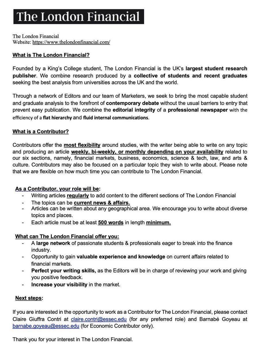 🌟 Exciting Opportunity Alert! 🌟 Join The London Financial as a Contributor and be part of the UK's largest student research publisher! 📚✨

More information &amp; how to apply below ⬇️ 

#contributor #opportunity