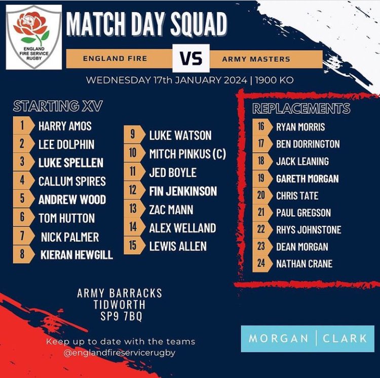 Good Luck to <a href="/EnglandFSrugby/">England Fire Rugby</a> in tonight’s match against <a href="/armyrugbyunion/">Army Rugby Union</a> 🙌 🏉 <a href="/HantsIOW_fire/">Hampshire & Isle of Wight Fire & Rescue Service</a> <a href="/Basingstoke_01/">Basingstoke Fire Station</a> ‘s very own Harry Amos in the lineup <a href="/NeilOdin/">Neil Odin</a> <a href="/firesportuk/">FireSport UK</a>